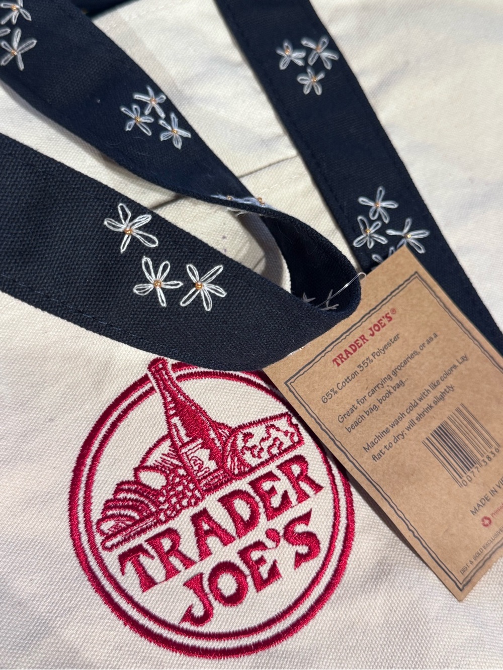 Embroidered Trader Joe’s tote, navy